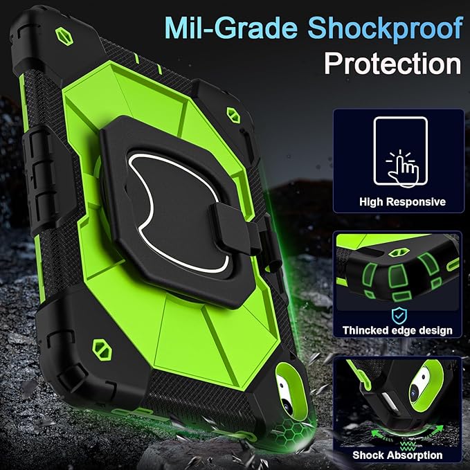 Case for iPad (A16) 11th Generation 11 Inch (2025) /iPad 10th Generation 10.9 Inch (2022) with Rotating Stand Screen ProtectorHeavy Duty Shockproof Cover for i Pad 10th Gen CaseBlack Green