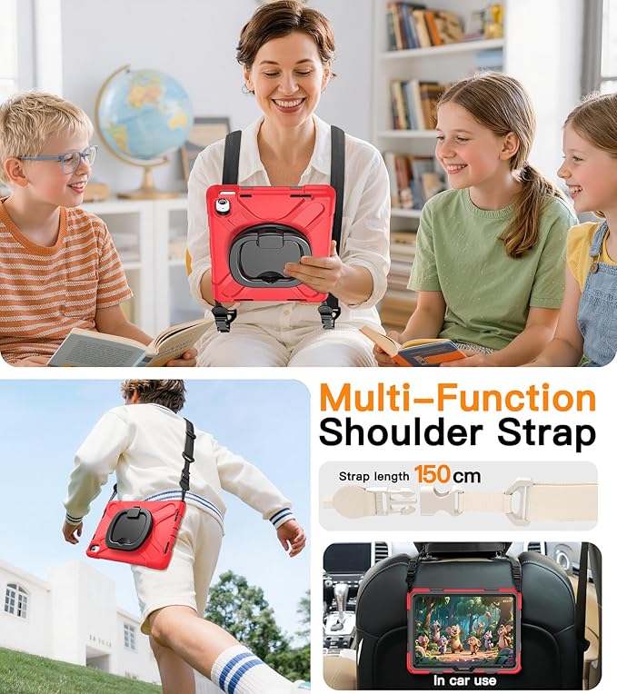 BATYUE Case for iPad (A16) 11th/10th Gen 11''/10.9'' 2025/2022 - Heavy Duty Shockproof Cover with 360° Rotating &amp 180° Folding Stand Screen Protector Shoulder Strap &amp Pencil Holder | Red