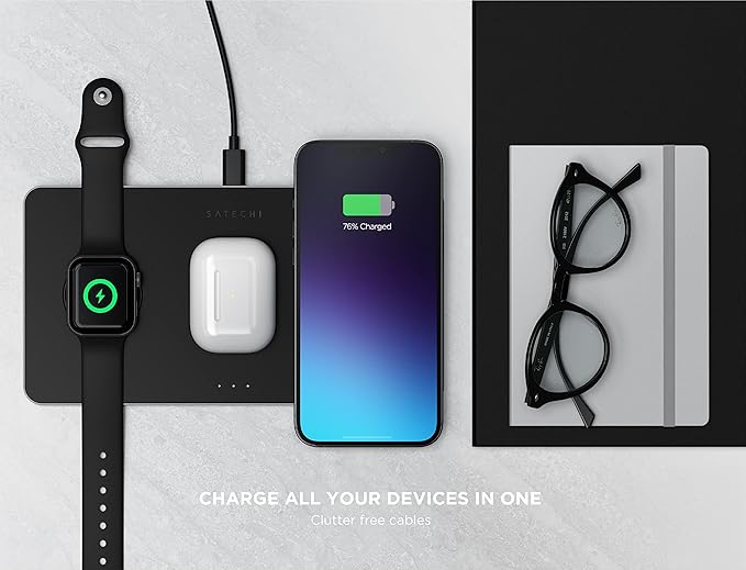 Satechi Trio Wireless Charger with Magnetic Pad Qi Certified Compatible with iPhone 16 Pro Max/16 Pro/16/16 Plus AirPods Pro/Gen 3 Apple Watch Ultra &amp Series (ST-X3TWCPMs)