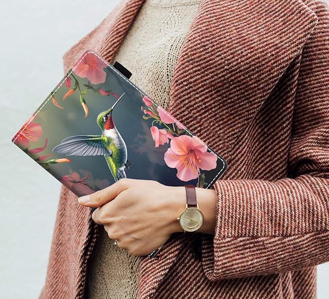 Case for Amazon Kindle Fire 7 Tablet (7 9th/7th Generation 2019/2017 Release) Slim PU Leather Cover with Card Slot &amp Auto Wake/Sleep Hummingbird Flowers