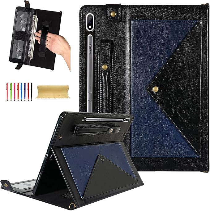 Dteck Case for Samsung Galaxy Tab S9 FE 10.9/S9/S8/S7 11Business PU Leather Folding Stand Protective Cover with S Pen Holder Shoulder Hand Strap Card Slots Handbag Wallet CaseBlue/Black