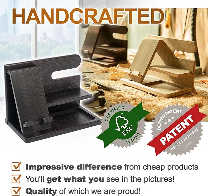 TESLYAR Wood Phone Docking Station for Men - Desktop or Nightstand Organizer - Birthday Gifts for Men Dad - Anniversary Idea from Wife - Key Holder Stand Wallet Watch &amp Essentials (Granite Blac