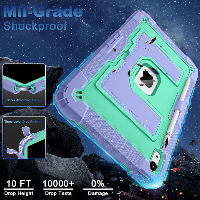 WESOROL Case for iPad A16 11th/10th Generation 2025/2022 with Pencil Holder Shoulder Strap iPad Case 10th Generation Shockproof Cover for iPad 11th/10th Gen CasesPurple Green