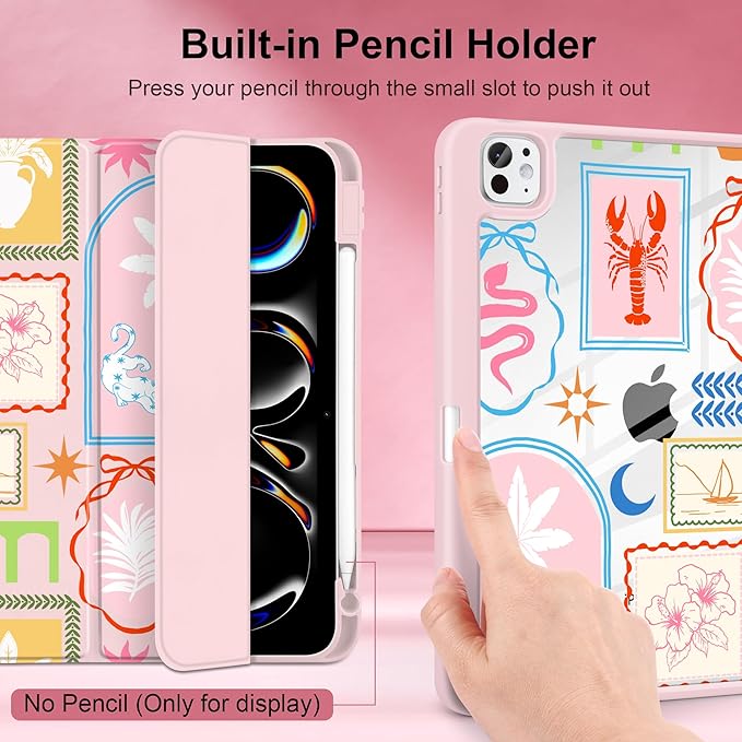 Case for iPad Pro 13 inch (M5) 2025 (M4) 2024 Release Slim Lightweight Cute Light Pink Cover with Clear Back TPU Edge Pencil Holder Trifold Stand Creative Collage