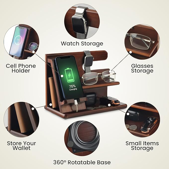 360° Rotating Nightstand Organizer - Wood Phone Docking Station with Rotating Base Charging Slot Holds watch Wallet Keys Eyewear - Birthday Gifts for Men &amp Women Bedroom or Office Use Dark
