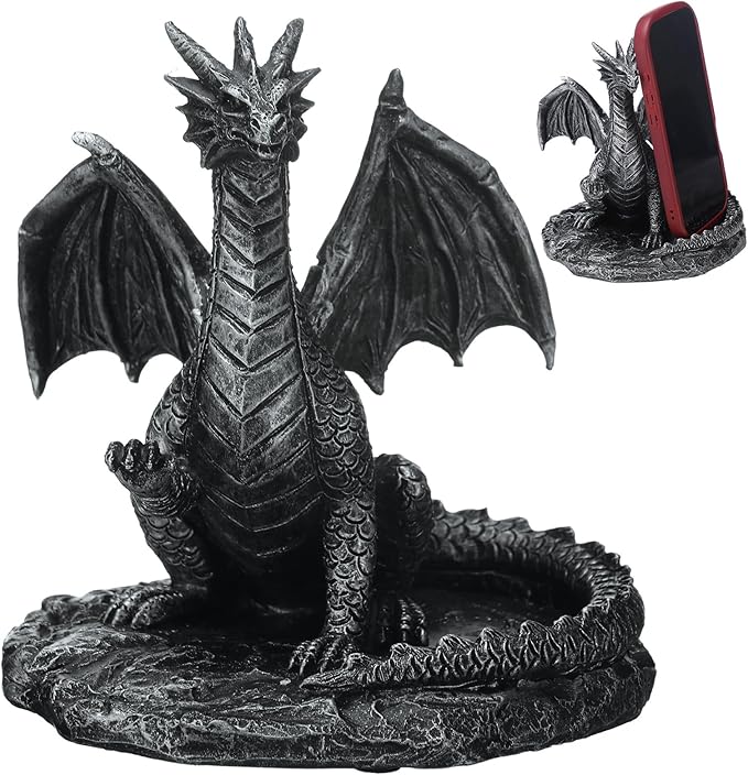 Gothic Dragon Cell Phone Holder Resin Gothic Standing Guardian Dragon Cell Phone Stand with Outstretched Arm for Medieval Decoration Desk Accessories Office 5.78 x 4.25 x 6 Inch