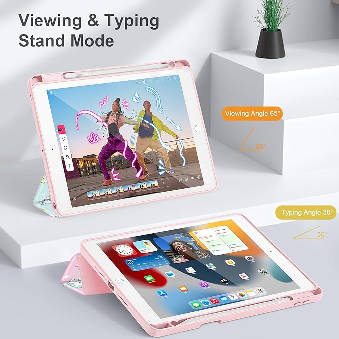 for iPad 9th Generation with Pencil Holder iPad 8th/7th Gen Case 10.2-inch [Built in Pencil Holder] Trifold Stand Auto Wake/Sleep Clear TPU Protection Back Cover Rainbow Unicorn