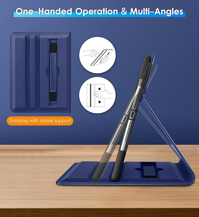 DTTO Rotating Case for iPad 6th / 5th Generation 9.7 Inch 2018/2017 iPad Air 2 / Air 1 Case 360 Degree Swiveling Premium Leather Folio Stand Cover with Pencil Holder - Auto Wake/Sleep Navy Blue