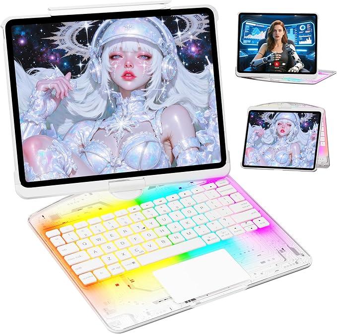 KITONE Transparent Case with Wireless Keyboard only for 2024 iPad Pro 11-in.(M4) 7 Colors Backlight Trackpad 360°Rotating Stand for iPad Pro 11(5th Gen) Tech Style