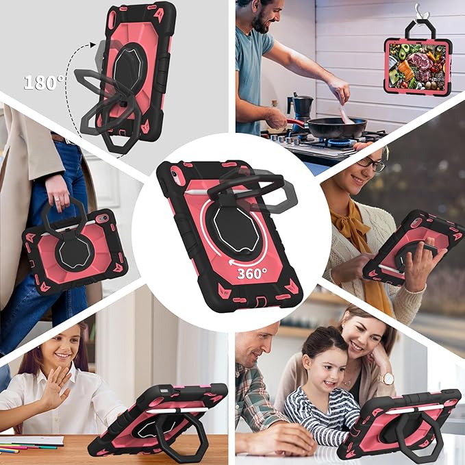 JKSML Case for iPad (A16) 11th Generation 11 Inch 2025 / iPad 10th Gen 10.9 Inch 2022 Military Grade Protection Cover with 360° Rotating Kickstand &amp Pencil Holder &amp Shoulder Strap (Black Rose
