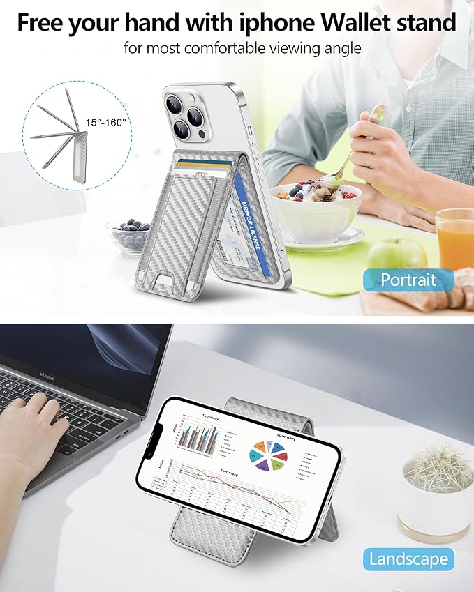 ExtreLife For Magsafe Wallet Adjustable Stand and Open ID Window Magnetic Wallet for iPhone 17/16/15/14 Pro Max/14 Pro/14/14 Plus/13/12 Series 9 Cards Silver