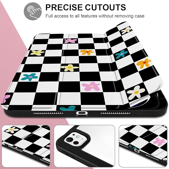 Case for iPad Pro 13 inch (M5) 2025 (M4) 2024 Release Slim Lightweight Cute Black Leather Cover with Clear Back TPU Edge Pencil Holder Trifold Stand Grid