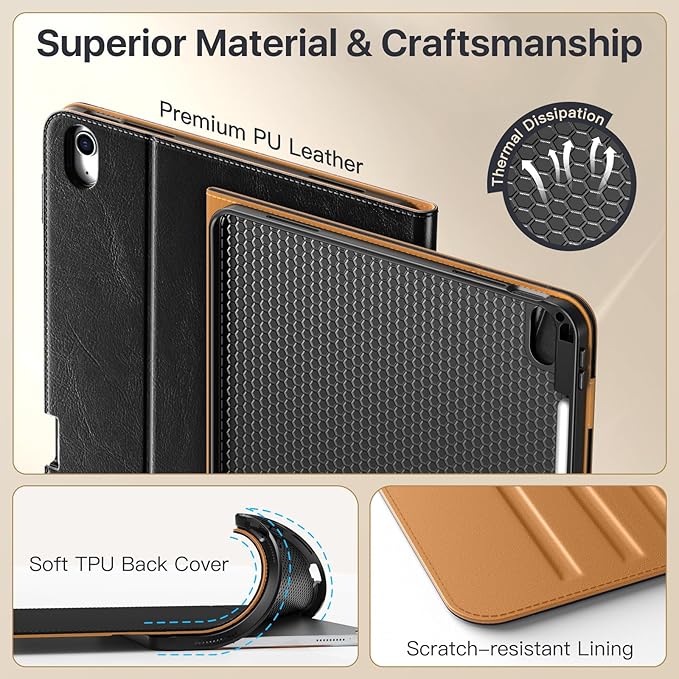MoKo Case for iPad Air 13-inch (M4) 2026 / (M3) 2025 / (M2) 2024 with Pencil Holder &amp Hand Strap &amp Pocket Premium Leather Folio Stand Cover Multiple Viewing Angles Black