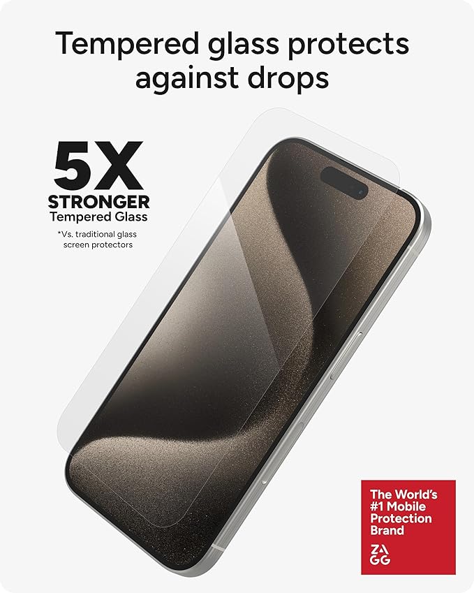 ZAGG Glass Elite iPhone 15 Pro Screen Protector - 5X Stronger with Reinforced Edges Scratch &amp Smudge-Resistant Surface InvisibleShield Easy to Install