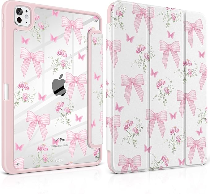 TWOLSKOO Case for iPad Pro 11-inch (M5 2025 / M4 2024) Clear Acrylic Back with TPU Bumper Pencil Holder Trifold Stand Auto Sleep/Wake Pink Gingham Bows