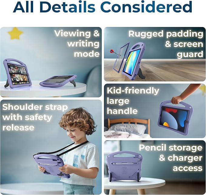 Bam Bino Space Suit Kids Case for iPad Pro 12.9 3rd/4th/5th/6th Generation (2018-2022) Models [Not for iPad Pro 12.9 1st/2nd Gen] Screen Guard Handle Shoulder Strap Pencil Holder (Nebula Violet)