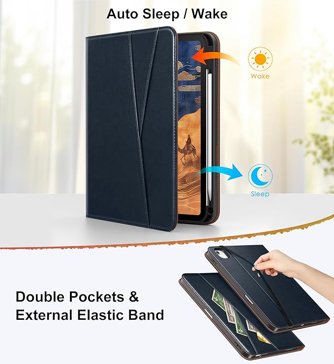 DTTO for iPad Air 11 inch Case M4 / M3 / M2 (2026/2025/2024) iPad Air 5th / 4th Gen (2022/2020) 360 Degree Rotating Premium Leather Folio Stand Cover with Pencil Holder Blue