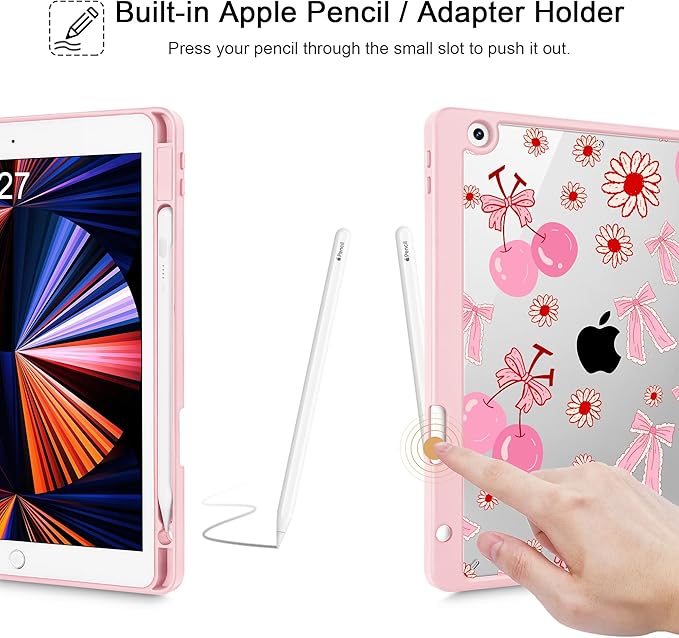 for iPad 9th Generation with Pencil Holder iPad 8th/7th Gen Case 10.2-inch [Built in Pencil Holder] Trifold Stand Auto Wake/Sleep Clear TPU Protection Back Cover Cherry Bow P705