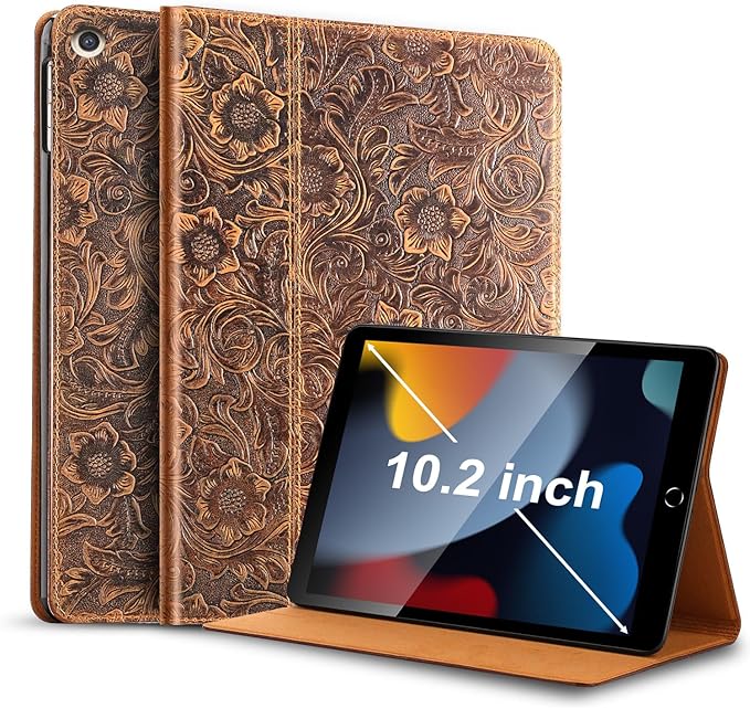 Gexmil Leather Case for iPad 10.2 Inch iPad 9th/8th/7th GenCowhide Folio Cover for iPad 2021/2020/2019 Genuine Leather case Auto Wake/SleepAdjustable StandFloral Brown