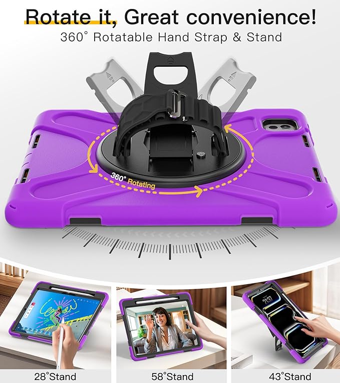 BRAECN Case for iPad Pro 11 inch M5 2025 &amp M4 2024 4 Layers Heavy Duty Full-Body Protection Screen Protector Pencil Holder 360° Rotating Handle Kickstand Shoulder Strap Kids Friendly