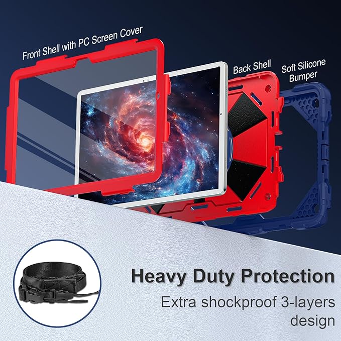 for Galaxy Tab A11+ Plus/A9+ Case 11” Rugged Case for Samsung Galaxy A11 Plus/ A9 Plus Tablet with 360 Rotating Stand Screen Protector Shoulder Strap Pen Holder 2025/2023 Model Navy Red
