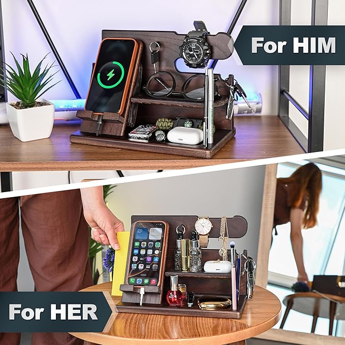 TESLYAR Wood Phone Docking Station for Men - Desk or Nightstand Organizer - Birthday Gifts for Husband Dad - Anniversary Idea from Wife - Key Holder Stand Wallet Watch &amp Essentials (Wenge)