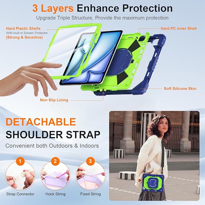 Case for iPad Air 13 Inch Case M4 2026/M3 2025/ M2 2024 Auorld for iPad Air 13 Inch Case M4 2026 Case with Screen Protector 360 Degree Rotating Stand Shoulder Strap Pencil Holder Navy Green