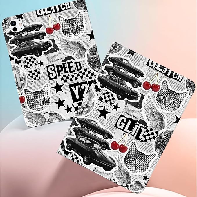 Stylish Case for iPad 9th/8th/7th Generation 10.2 2021/2020/2019Cool Car Collage Textured Folio Case with Pencil Holder Multi-Angle View Adjustable Stand Auto Wake/Sleep Cover for Women