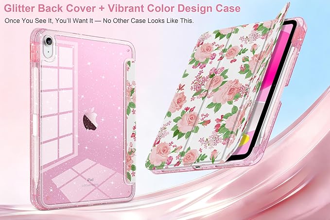 MEEgoodo Case for iPad A16 11th Generation 2025/10th Generation 2022 Glitter Tablet Cases with Transparent Acrylic Back+Trifold Stand +Pencil Holder+Auto Wake/SleepFloral Ornamental Texture