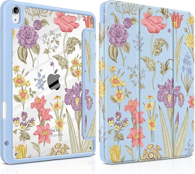 DONGKE Case for iPad Air 11-inch M4 2026 &amp M3 2025 &amp M2 2024 iPad Air 5th/4th Generation 10.9 2022/2020 [Built-in Pencil Holder] Clear Acrylic Back Trifold Stand Smart Cover Blue Botanical