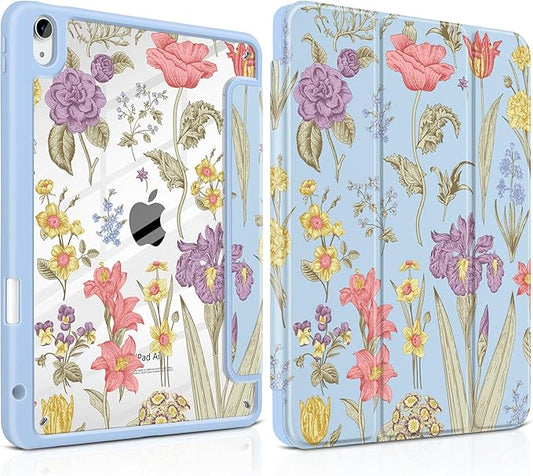 DONGKE Case for iPad Air 11-inch M4 2026 &amp M3 2025 &amp M2 2024 iPad Air 5th/4th Generation 10.9 2022/2020 [Built-in Pencil Holder] Clear Acrylic Back Trifold Stand Smart Cover Blue Botanical