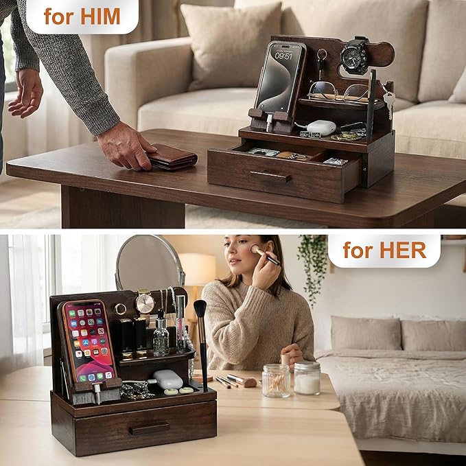 TESLYAR Wood Phone Docking Station with Drawer - Nightstand Organizer - Desk Organizer for Husband - Birthday Gifts for Men Dad Anniversary Key Holder Stand Watch Accessories (Chocolate Brown)