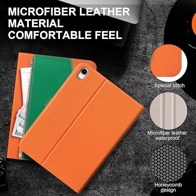 Leather Case for iPad 11th Gen 11 (2025) &amp 10th Gen 10.9 (2022) - Premium Leather Feel w/Zippered Pocket Secure Buckle Auto Wake/Sleep &amp Adjustable Shockproof Stand (Orange/Green)