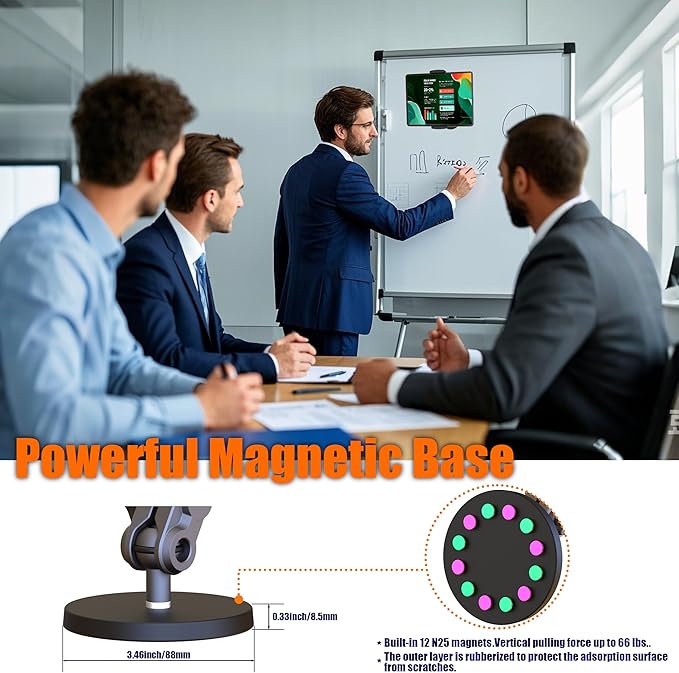 Universal Magnetic Tablet Holder 360°Adjustable 7.7 Aluminum Heavy Duty Arm 3.5 Magnetic Base for Fridge Whiteboard Gym Warehouse Kitchen Fits 4-13 Tablets Phones