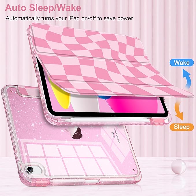 MEEgoodo Case for iPad A16 11th Generation 2025/10th Generation 2022 Glitter Tablet Cases with Transparent Acrylic Back+Trifold Stand +Pencil Holder+Auto Wake/SleepRomantic Pink Square