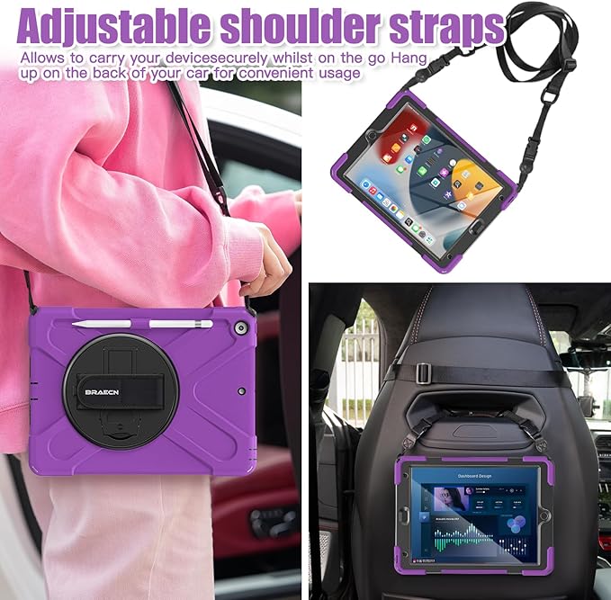 BRAECNstock for Apple iPad 9th/ 8th/ 7th Generation Case 10.2 Shockproof Protective Kids Case with Screen Protector Pencil Holder Rotating Stand+Hand Strap Shoulder Strap Purple