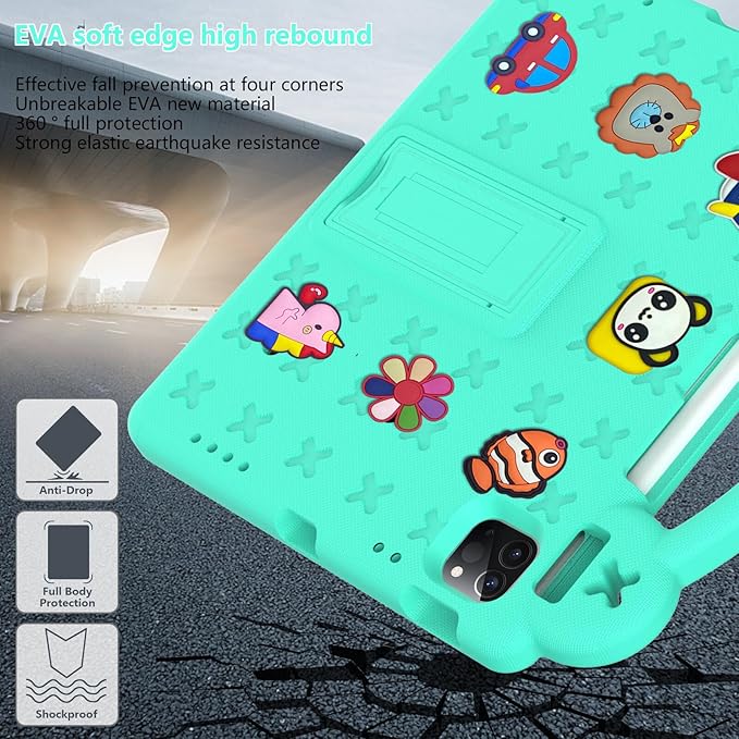 Compatible with Apple iPad 10 2022 10.9 inch/Pro 11 2018/2020/iPad Air 4 2020 10.9 inch/Air 5 2022 10.9 inch/Pro 11 2021/2022 Tablet Case Kids Case with Strap &amp Pen Tray Mint Green