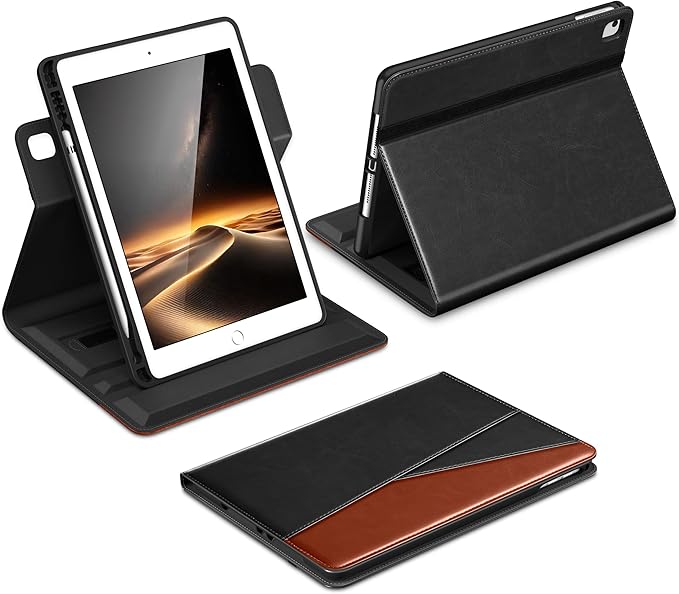 DTTO for iPad 6th / 5th Generation 9.7 Inch (2018/2017) iPad Air 2 / Air 1 Case 360 Degree Rotating Premium Leather Folio Stand Cover with Pencil Holder Black Brown