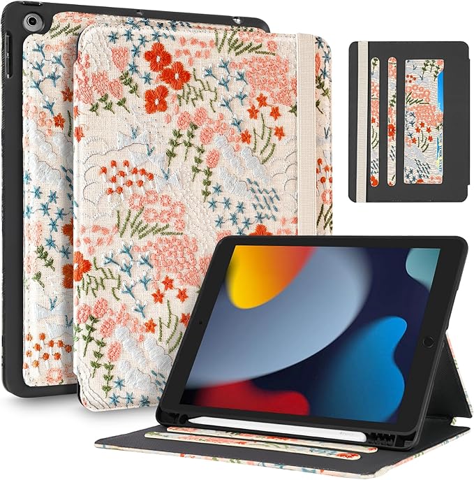 for iPad 9th/8th/7th Generation Case 10.2'' - for Women Girls Cute Embroidered Folio Stand Cover with Pencil Holder &amp Card Slot Girly Floral Flowers Design Aesthetic Cases for iPad 7th/8th/9th
