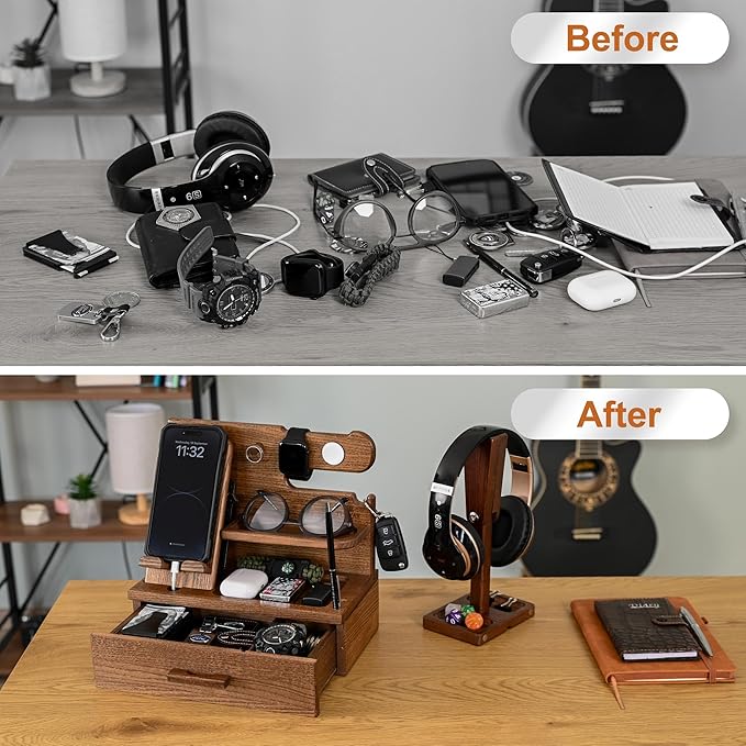 TESLYAR Wood Phone Docking Station with Drawer - Nightstand Organizer - Desk Organizer for Husband - Birthday Gifts for Men Dad Anniversary Idea Key Holder Stand Watch &amp Accessories (Earth Beig