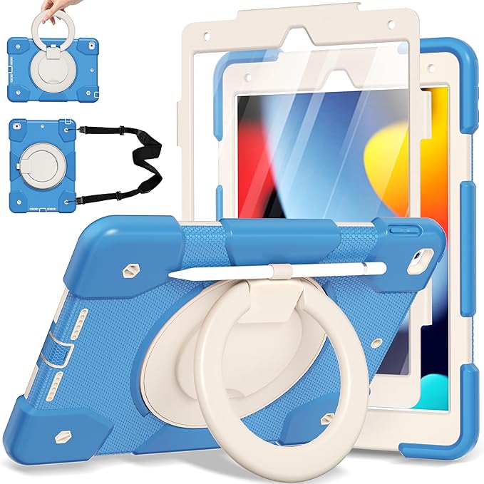Case for iPad 9th/8th/7th Generation 10.2 inch Shockproof Cover with Screen Protector/360° Rotate Stand/Pencil Holder/Shoulder Strap Kids Case for iPad 2021/2020/2019 (Blue+White)