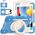 Case for iPad 9th/8th/7th Generation 10.2 inch Shockproof Cover with Screen Protector/360° Rotate Stand/Pencil Holder/Shoulder Strap Kids Case for iPad 2021/2020/2019 (Blue+White)