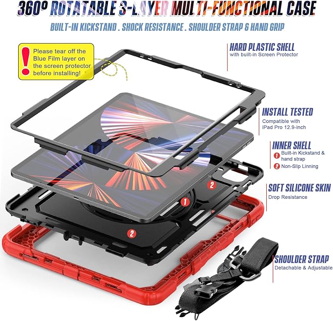 Herize Case Compatible with iPad Pro 12.9 Inch 2022/2021/2020 with Pencil Holder | Heavy Duty Shockproof Rubber Case with Stand Hand Grip Shoulder Strap Screen Protector | Red