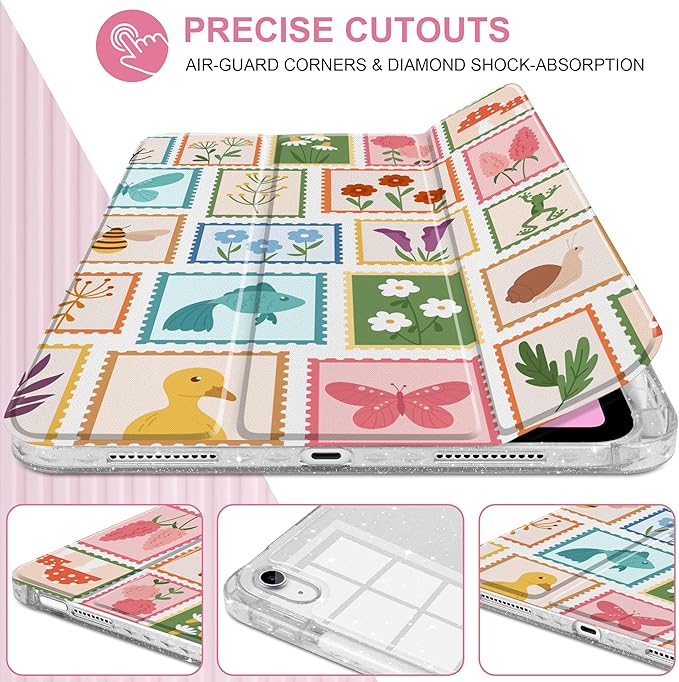 MEEgoodo Case for iPad A16 11th Generation 2025/10th Generation 2022 Glitter Tablet Cases with Transparent Acrylic Back+Trifold Stand +Pencil Holder+Auto Wake/SleepPost Stamps with Natura