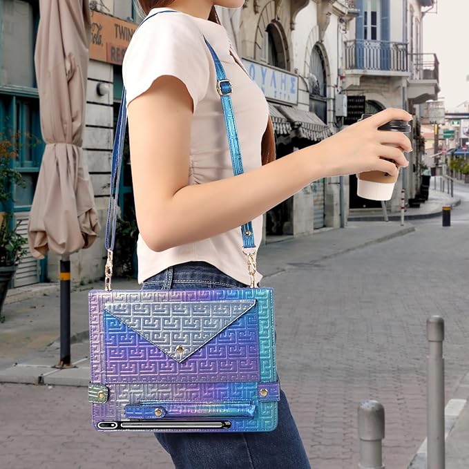 Shiny Case for Samsung Galaxy Tab S10 Ultra/S9 Ultra/S8 Ultra 14.6 Handbag with Pen Holder Techcircle Iridescent PU Folio Envelope Pocket Stand Cover with Hand Strap+Shoulder Strap Shiny Indigo