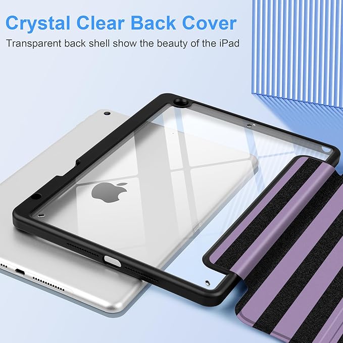 DONGKE for iPad 9th/8th/7th Generation Case 10.2 Inch (2021/2020/2019) [Auto Sleep/Wake &amp Pencil Holder] Clear Acrylic Back Trifold Stand Cover Purple Stripes