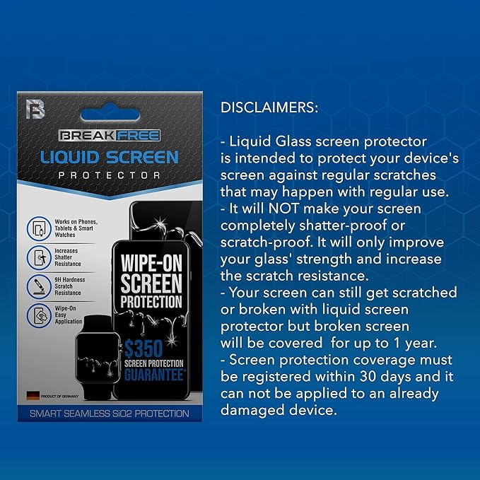 BREAK FREE Liquid Glass Screen Protector With $350 Coverage | Wipe On Shatter and Scratch Resistant Nano Protection for All Phones Tablets and Smart Watches - Universal Fits All