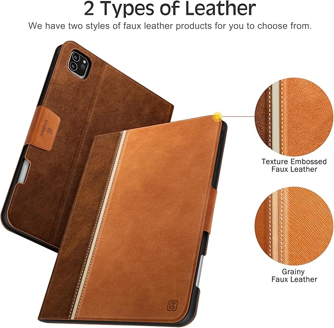 KingBlanc Case for iPad Pro 11 inch (M5 2025/M4 2024) with Pencil Holder Vegan Leather Smart Stand Cover Auto Sleep Wake Support Pencil Pro/(USB-C) Viewing/Typing Angle Durable Protection Brown