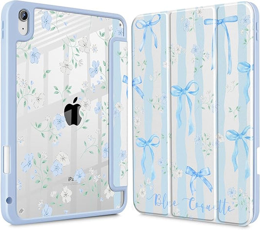 May Chen Case for iPad Air 13 Inch M4 2026 M3 2025 M2 2024 [Built-in Pencil Holder] Shockproof Cover with Clear Transparent Back Shell Auto Sleep/Wake Cover Flower Blue Waves