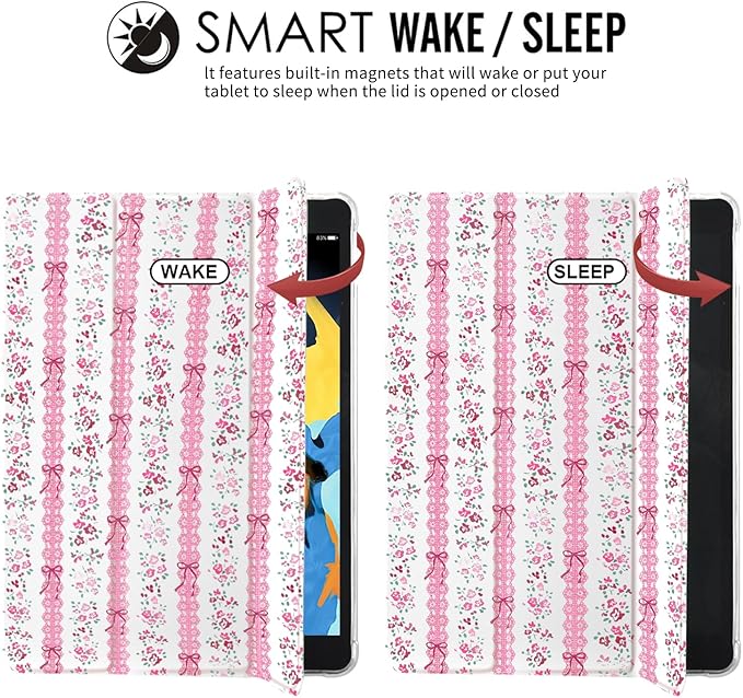 JOYLAND for iPad 6th/5th Generation 9.7 inch Case (2018/2017) with Pencil Holder-Auto Wake/SleepBlue Bow&ampFlowers Cover Anti-Scratch Shockproof Premium Folio Stand CaseWhite